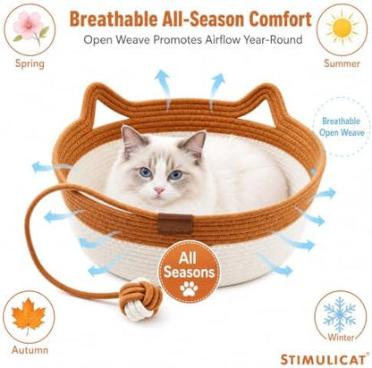Handwoven Cat Basket Bed, Natural Cotton Rope Cat Bed with Hanging Ball Toy, Breathable Woven Cat Nest,Scratchable Basket for Sleeping, Playing and Relaxing (Large(15-31lbs |19" Wide))