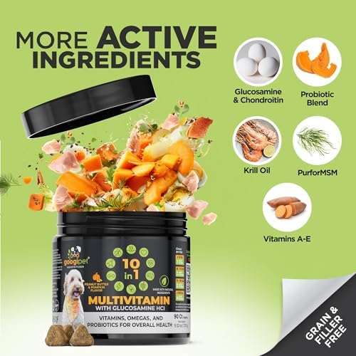 Googipet Premium Dog Multivitamin Chewable, Dog Vitamins and Supplements, Puppy Vitamins & Senior Dogs Probiotics for Gut Health + Vitamin C, Glucosamine for Dogs Joint Support (PB & Pumpkin Flavor)