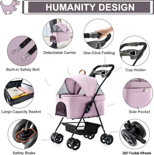 Pet Stroller with Detachable Carrier for Small Dogs & Cats, Pink