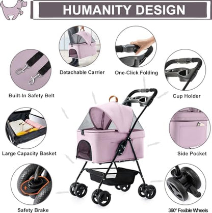 Pet Stroller with Detachable Carrier for Small Dogs & Cats, Pink