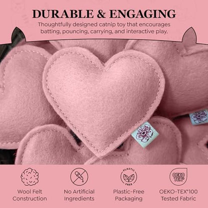 Catnip Toy – Heart Shape, Organic Catnip, 100% Wool Felt, Grown & Made in The USA - Pink, 4 Pack