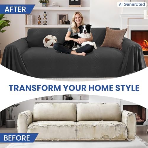 Pet Couch Cover for Dogs, 3 Cushion Sofa Slipcover, Dark Grey