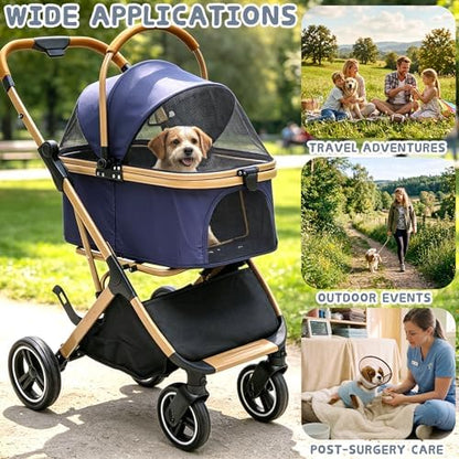 Chihuahua 3-in-1 Foldable Pet Stroller 4-Wheel for Small Dogs,Navy Blue