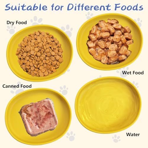 Fhiny 2 PCS Silicone Cat Food Bowls Shallow Dog Bowl 7" Non-Slip Pet Feeding Dishes for Dry and Wet Food Whisker Fatigue Cat Plates for Kitten Puppy and Small Pets(Yellow)