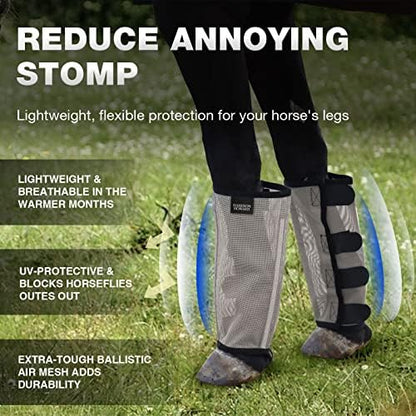Harrison Howard Loose Fitting Fly Boots UV-Protective Extra Tough Mesh Ventilated Four Fasteners Stay-on Design Protect Horse Legs & Stomp-Reducing Set of 4 Original Grey Mini