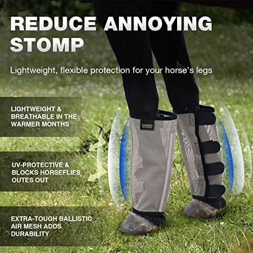 Harrison Howard Loose Fitting Fly Boots UV-Protective Extra Tough Mesh Ventilated Four Fasteners Stay-on Design Protect Horse Legs & Stomp-Reducing Set of 4 Original Grey Medium