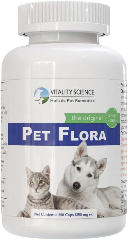 Vitality Science Pet Flora – Natural Probiotics for Cats & Dogs | Digestive Support Supplement | Cat Constipation & Dog Gas Relief | Daily Gut Health Probiotic (250 Capsules)