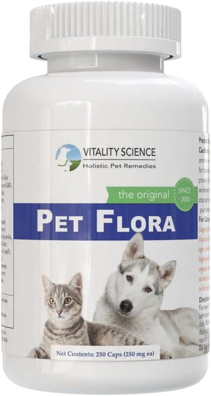 Vitality Science Pet Flora – Natural Probiotics for Cats & Dogs | Digestive Support Supplement | Cat Constipation & Dog Gas Relief | Daily Gut Health Probiotic (250 Capsules)