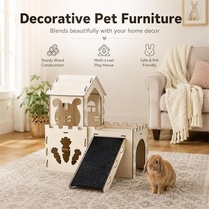 Large Bunny House and Hideouts, Wooden Dual-Layer Rabbit Castle with Stair, Sturdy Habitat for Guinea Pig Chinchilla Ferret (Extra Large-3 House with Anti-Slip Ramp)