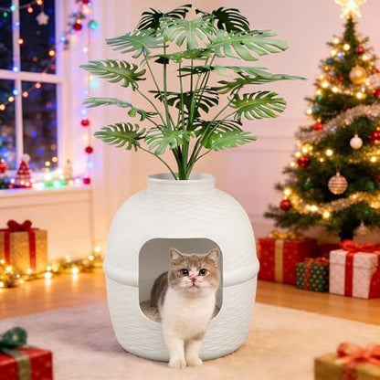 FansaFurn Hidden Litter Box with Faux Plant, Large Cat Litter Box with Rattan Pattern, Heavy Duty PP Material Litter Box Enclosure Furniture for Home Decor, Light Grey