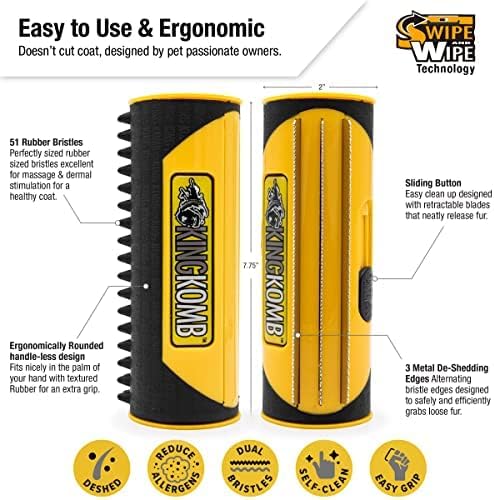King Kanine Deshedding Dog Brush - Self Cleaning Deshedding Brush for Cats Dogs and Horses - Pet Comb for Grooming and Removing Loose Hair - Designed for Short to Medium Coats of All Stages