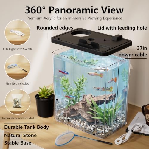 2 Gallon Betta Fish Tank Aquarium Starter Kit with Light and Lid(Black)