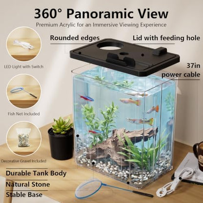 2 Gallon Betta Fish Tank Aquarium Starter Kit with Light and Lid(Black)