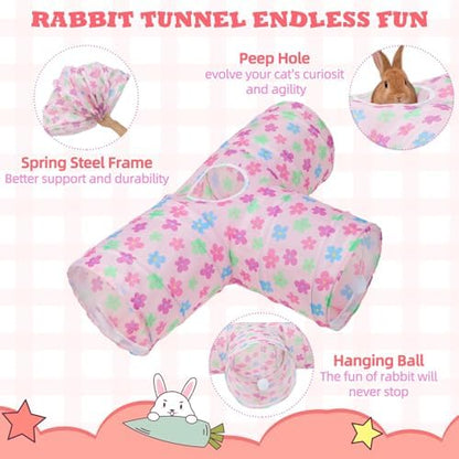 BWOGUE Bunny Tunnels & Tubes, 3-Way Collapsible Rabbit Hideout for Bunnies