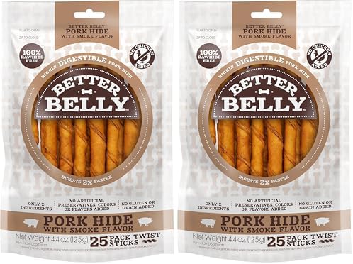 Better Belly Highly Digestible Rawhide Twist Sticks Chews, Treat Your Dog to a Chew with NO Artificial Colors or Flavors 25 Count (Pack of 2)
