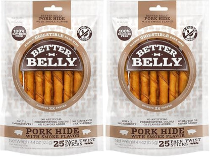 Better Belly Highly Digestible Rawhide Twist Sticks Chews, Treat Your Dog to a Chew with NO Artificial Colors or Flavors 25 Count (Pack of 2)