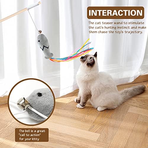 Natural Wood Cat Wand Toy with Ribbon Fish Teaser - 3pcs, 16 Inch