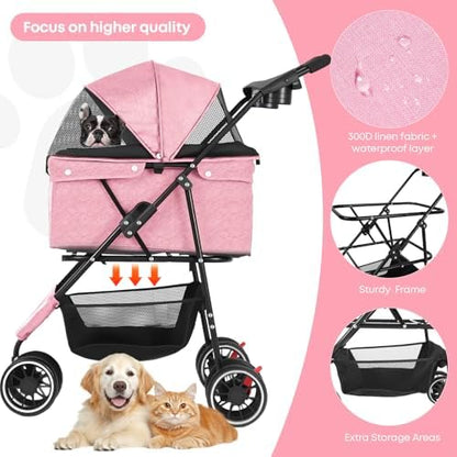 Pet Stroller,Dog Stroller for Small Medium Dogs Cats,3 Wheels,Pink