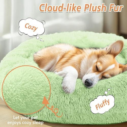 JOLLYVOGUE Calming Dog Beds Large Sized Dog, 36in Donut Washable Large Pet Bed, Anti-Slip & Anti-Anxiety Fluffy Faux Fur Round Dogs Bed, Fits up to 80 lbs Pets (Light Green)