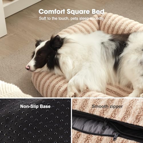 MIXJOY Dog Bed Medium Size Dog, Washable Medium Dogs Bed with Removable Cover, Soft Rectangle Doggy Ded Fluffy Plush Faux Fur Pet Bed with Anti-Slip Bottom, 30"x24"x8", Beige