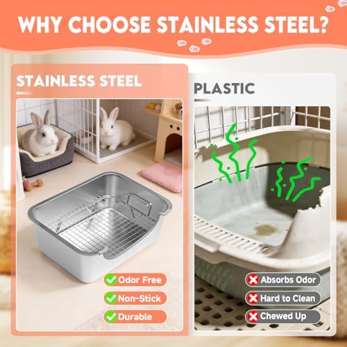 Large Stainless Steel Rabbit Litter Box with Handle - Low Entry Bunny Litter Box for Adult Guinea Pigs, Chinchillas - Includes Pee Pads, Cleaning Set & Chew Toys (15.7" x 11.8" x 5.9")