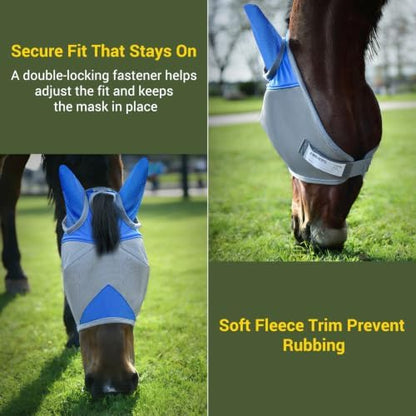 Horse Fly Mask with Ears, UV Block Breathable Mesh (Blue, M)