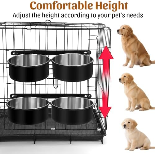 Dog Crate Water Bowls No Spill, 40oz Stainless Steel Dog Food and Water Bowl Set for Large/Medium/Small Pets, Detachable Hanging Pets Bowls for Cage, Kennel, Crate(Black)