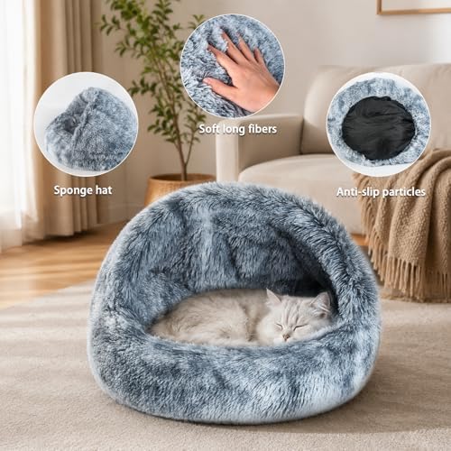Calming Dog and Cat Cave Bed with Hooded Cover, Faux Fur, Round, Removable Washable, Anti-Slip, for Small Medium Pets (16")