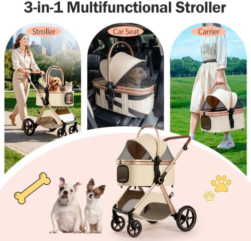 3 in 1 Pet Stroller for Small Medium Dogs,Luxury Dog Stroller with Reversible & Height-Adjustable Handle,Washable Pad&Liner,Rubber Wheels,for Puppy,Senior Pets,Outdoor,Shopping&Vet Visits (Khaki)