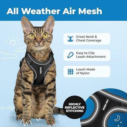 Voyager Escape-Proof Step-in Lock Cat Harness & 5ft Neoprene-Handle Leash Set All-Weather Mesh with Reflective Stitching for Small to Large Cats by Best Pet Supplies, Black (327), XXS