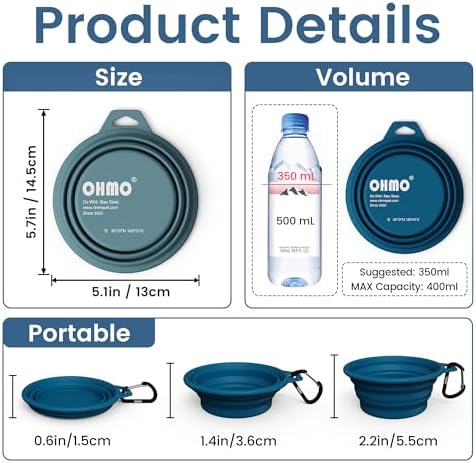 OHMO Small Collapsible Dog Bowls, Steel Rim, 12oz, 2pcs, Dark&Light Blue