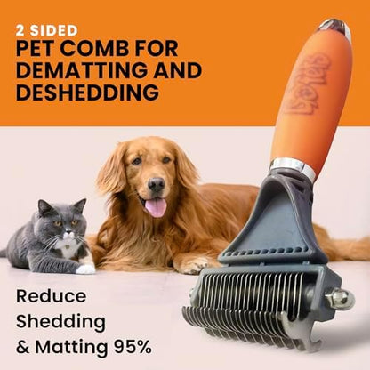 GoPets 2-in-1 Deshedding & Dematting Comb & Grooming Brush for Dogs & Cats