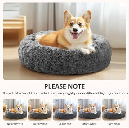 JOLLYVOGUE Calming Dog Bed Medium Size Dog, Anti-Anxiety Donut Medium Pet Bed, 27 inches Fluffy Faux Fur Round Cat Bed (Smoke Black)