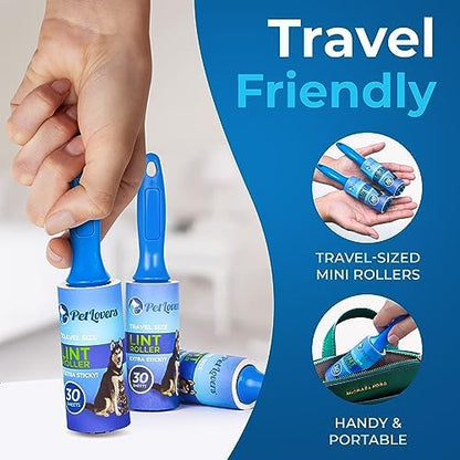 PetLovers Extra Sticky Lint Roller Mega Value Set for Pet Hair Removal and Clothes, Dog and Cat Lint Remover (Blue, 4 Pack Mini)