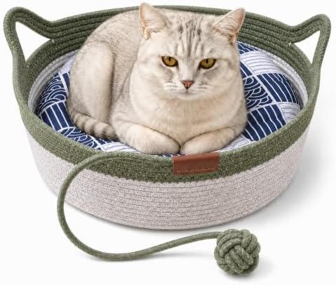 Instinct Basket for Cats - Handwoven Cotton Rope Enrichment Bed with Attached Toy Tail, Scratchable Interactive Pet Nest Features Flexible Walls to Fight Boredom & Protect Furniture (Green & Mat, M)