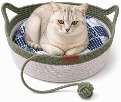 Instinct Basket for Cats - Handwoven Cotton Rope Enrichment Bed with Attached Toy Tail, Scratchable Interactive Pet Nest Features Flexible Walls to Fight Boredom & Protect Furniture (Green & Mat, L)
