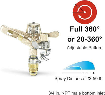 Rain Bird 35ADJTNTB Brass Impact Sprinkler, Adjustable 0° - 360° Pattern, 23' - 50' Spray Distance, Grey