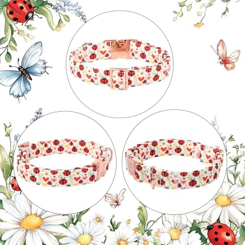 Cute Dog Collar for Large Dogs - Red Ladybug & Blooms Dog Collars, Adjustable Heavy Duty Pet Collar for Dog Moms & Kids with Metal Buckle L