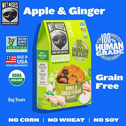 Wet Noses Organic Crunchy Dog Treats Grain Free – All-Natural, Human-Grade, Non-GMO, Healthy Training & Delicious Snacks for Dogs, for All Dog Sizes & Breeds – Apple & Ginger, 14oz (Single Pack)