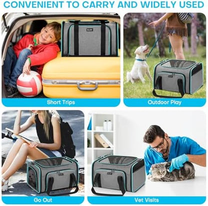 Pet Carrier, Large Soft Sided Expandable Travel Carrier with Steel Frame, Anti-Scratch Mesh, Removable Fleece Pad and Pockets for Cats, Dogs and Small Animals up to 15 lbs (Gray, 5 Sides Expandable)