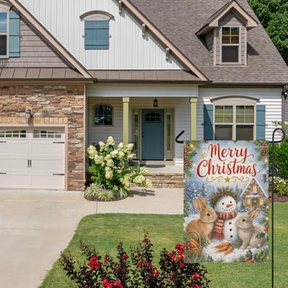 Merry Christmas House Flag 28x40 Inch Rabbit Pair Snowman Carrot Basket Holly Pinecone Watercolor Winter Outdoor Yard Lawn Front Porch Welcome Double Sided Banner Decor