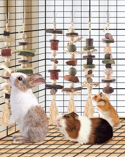 DBNESS 6PCS Bunny Chew Toys, Hamster Rabbit Cage Hanging Chew Toys, Natural Apple Wood Bunnies Treats, Improve Small Animal Teeth Health for Guinea Pig Chinchilla Ferret Rats Gerbil