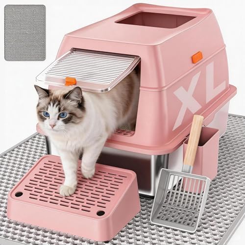 Stainless Steel Litter Box with Lid, Extra Large Enclosed Cat Litter Pan for Big Cats, High Sided Metal Litter Box with Enclosure, Front & Top Entry, Easy Clean, Anti-Leakage, Includes Scoop, Pink