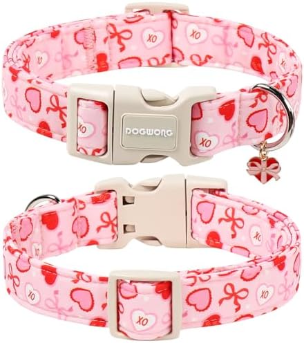 DOGWONG Valentine's Day Dog Collar-Cute Pink Bow Heart Pattern Dog Collars, Adjustable Valentine Heart Pet Collars Puppy Collar with Quick Release Buckle for Girl&Boy Dogs,L