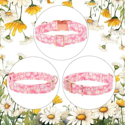 Dainty Daisy Dog Collar, Spring/Summer Pink Floral Girl Dog Collars, Adjustable Heavy Duty Cottagecore Female Dogs Collar for Small Medium Large Dogs with Metal Buckle XL