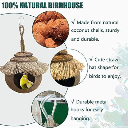 Tfwadmx Coconut Hide with Loop, Natural Coconut Fiber Hanging Birdhouse Cage, Coconut Bird Shell Breeding Nest for Parrot Parakeet Lovebird Finch Canary, Pet Cage Habitats Decor,Small Animals House