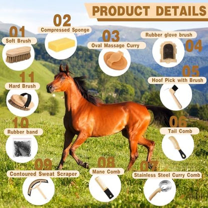 Abbylike 12 Piece Horse Grooming Kit with Organizer Tote Bag Brush Sets for Derby Day Show Horses Professional Tools for Care & Massage(Khaki and Black)