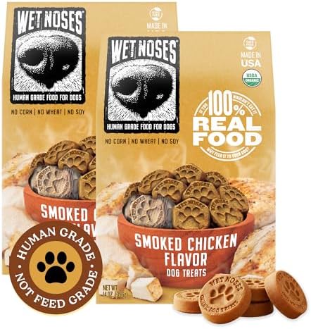 Wet Noses Organic Crunchy Dog Treats – All-Natural, Human-Grade, Non-GMO, Healthy Training & Delicious Snacks for Dogs, for All Dog Sizes & Breeds – Smoked Chicken, 14oz (2 Pack)