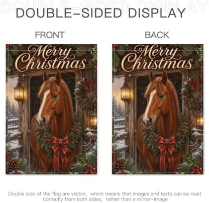 Merry Christmas House Flag 28x40 Inch Chestnut Horse Pine Wreath Red Bow Snowy Stable Lantern Rustic Winter Outdoor Yard Lawn Front Porch Welcome Double Sided Banner Decor
