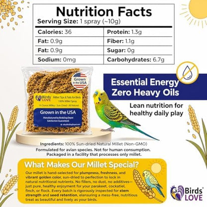 Birds LOVE® 1lb Millet Tips & Tails for Birds – Premium Spray Millet Treat, USA Grown – Natural & Healthy Bird Food for Parakeets, Cockatiels, Budgies, Lovebirds, Finches, Canaries & Parrots – 2 Pack